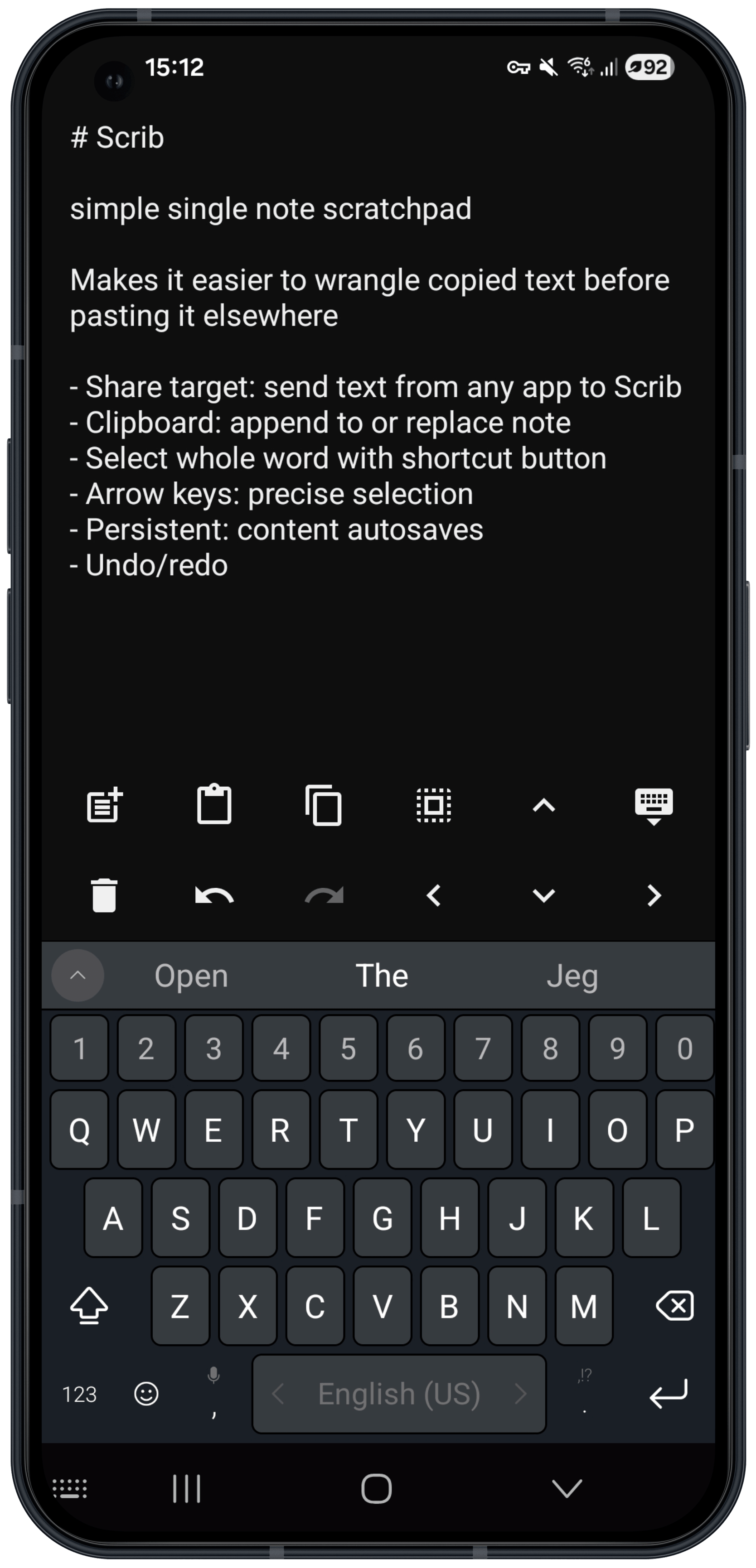 Scrib app showing the text editor with cursor controls and keyboard